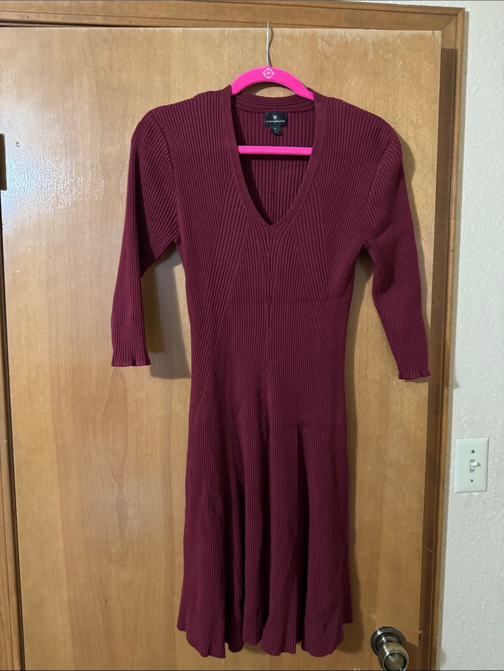 Worthington Ribbed V-Neck Midi Dress - Burgundy Wine